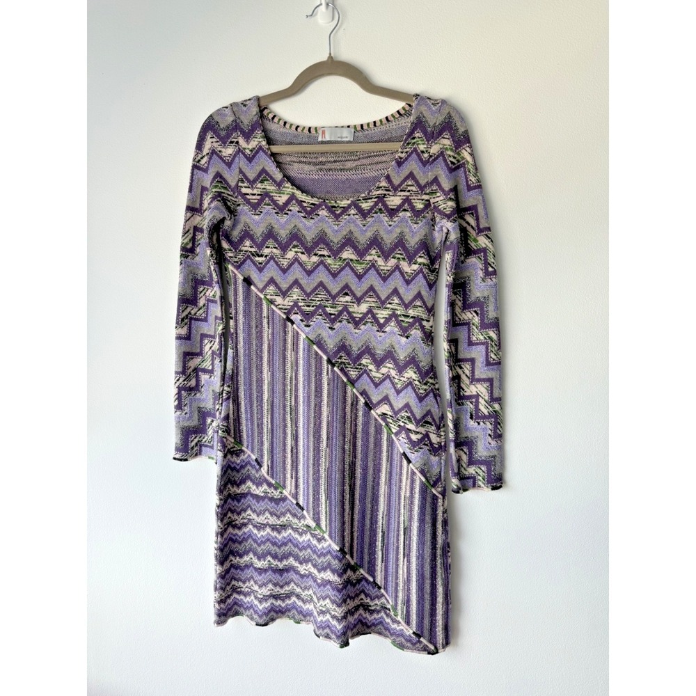 M Missoni Women's Size 6 Zig Zag Metallic Knit Short Dress Purple Long Sleeve